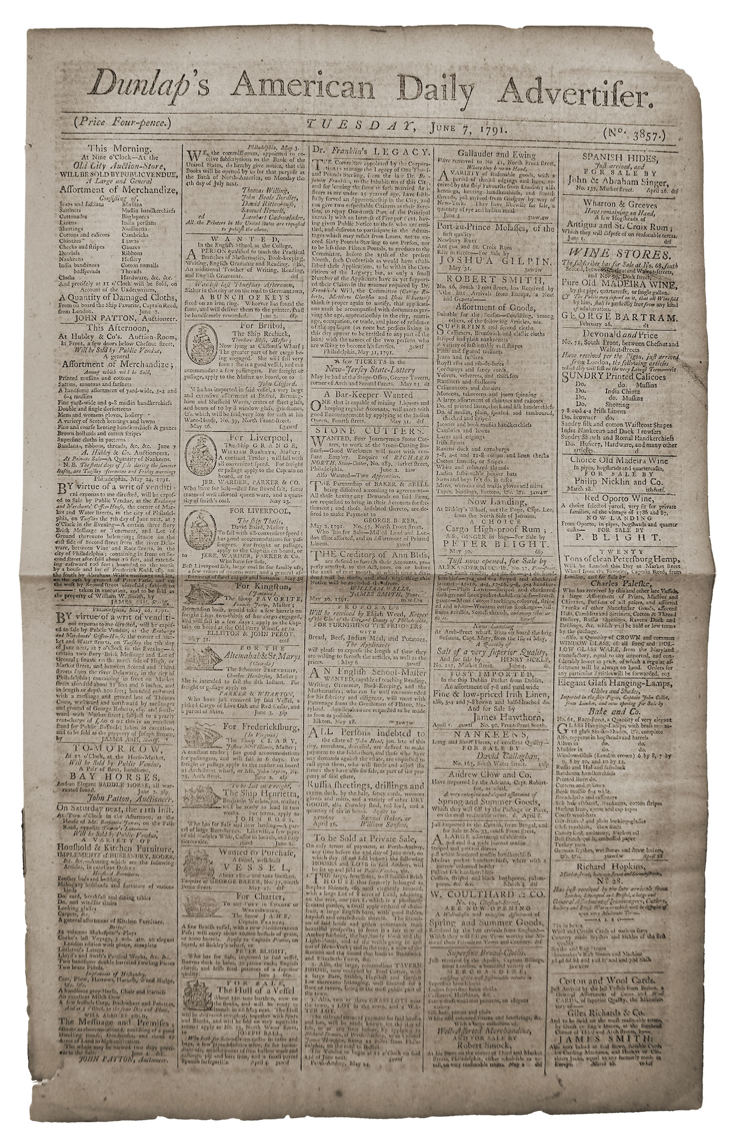 Lot Detail 1791 ''Dunlap's American Daily Advertiser'' Newspaper
