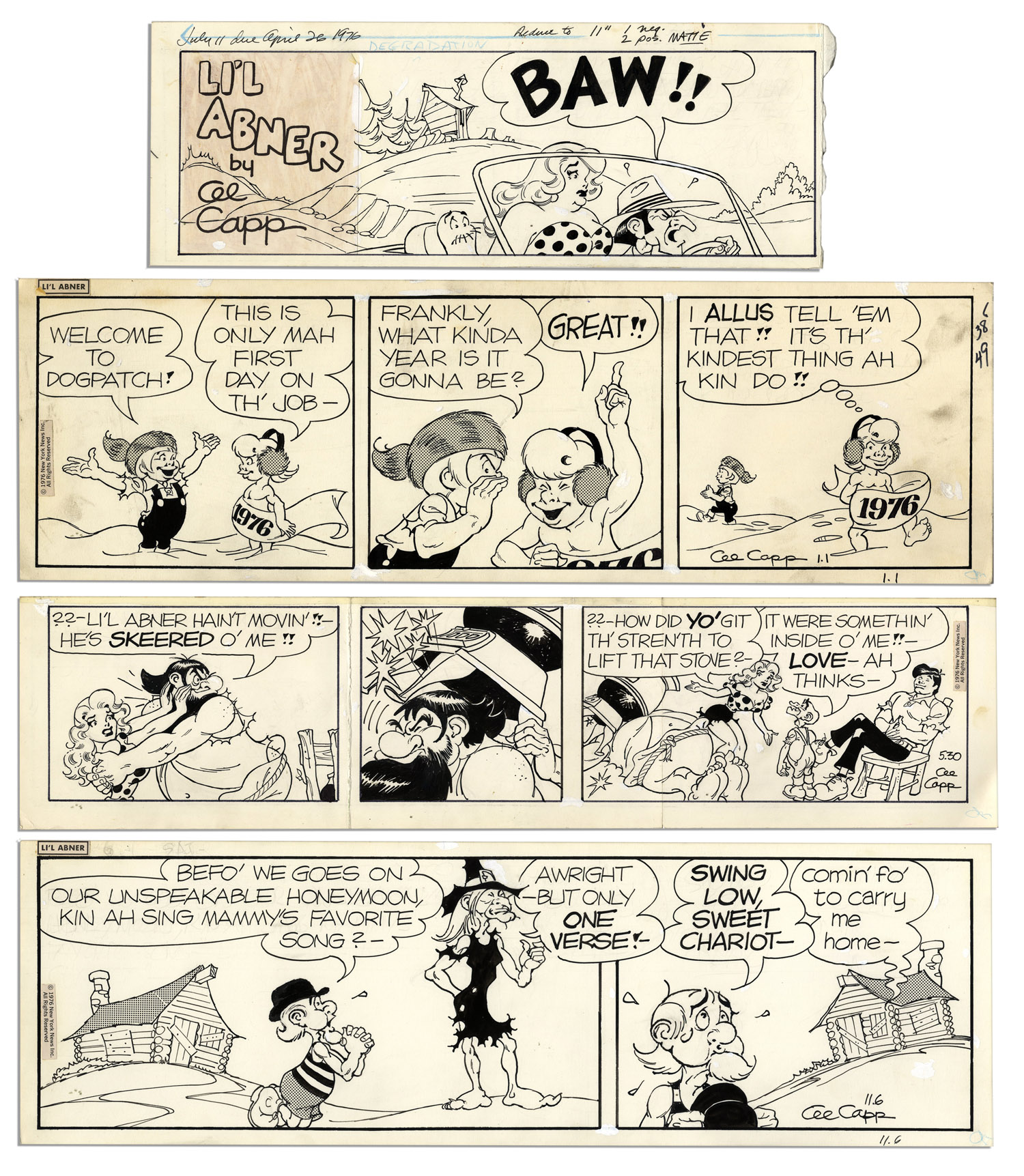 Lot Detail Lot of 4 ''Li'l Abner'' Comic Strips From 1976 Hand