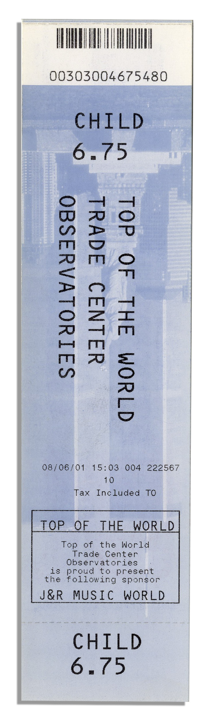 Lot Detail World Trade Center Ticket From 2001 For Access to