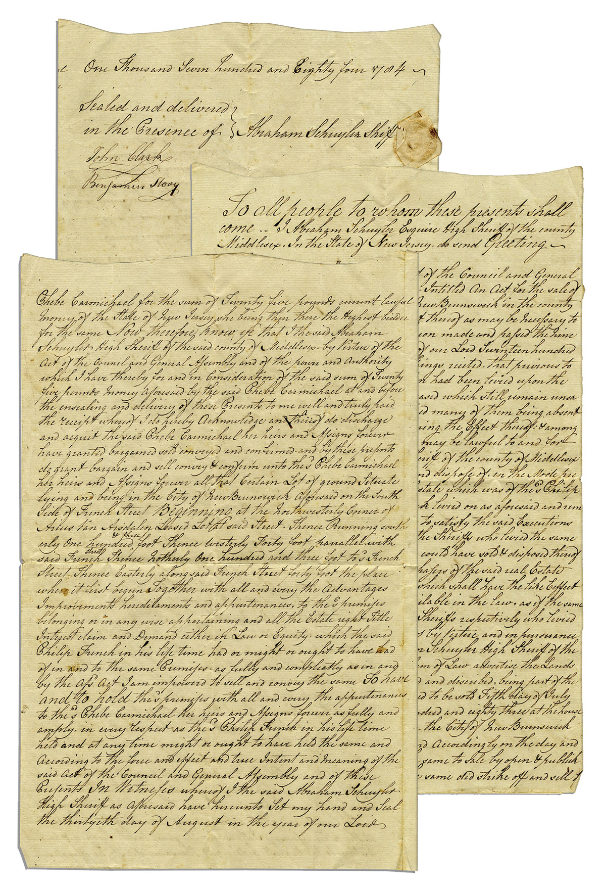 Lot Detail 1784 Deed to Property in New Brunswick, New Jersey