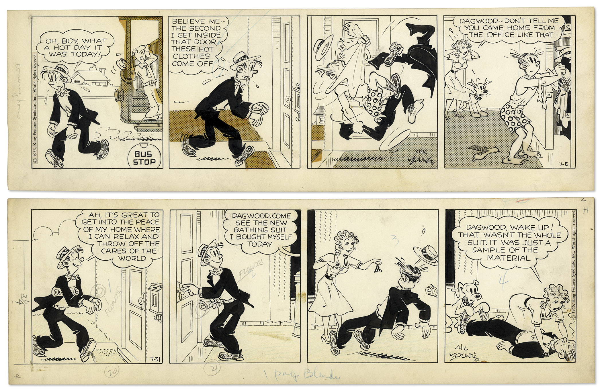 Lot Detail 2 Chic Young HandDrawn ''Blondie'' Comic Strips From 1956
