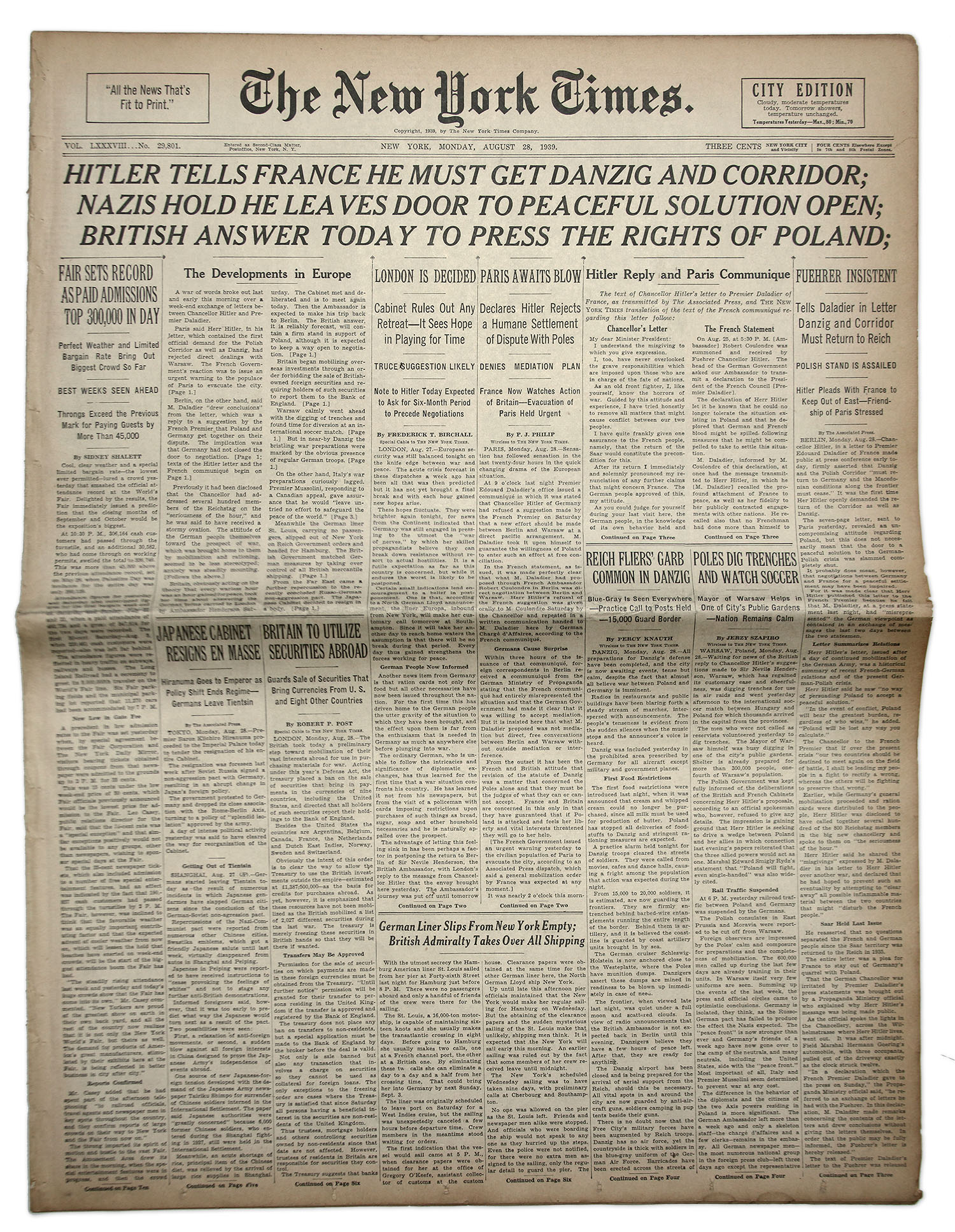 Lot Detail ''The New York Times'' From 28 August 1939 ''British