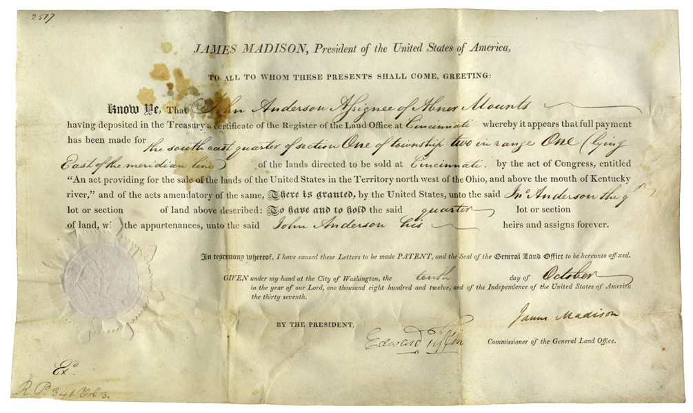 Lot Detail James Madison Land Grant Signed as President Also