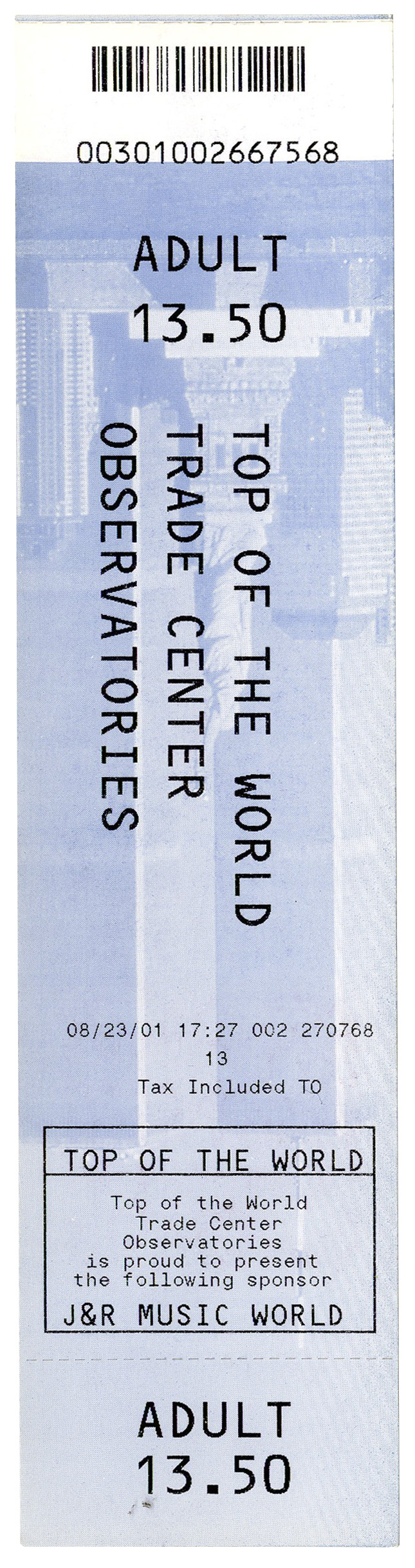 Item Detail World Trade Center Ticket From 23 August 2001