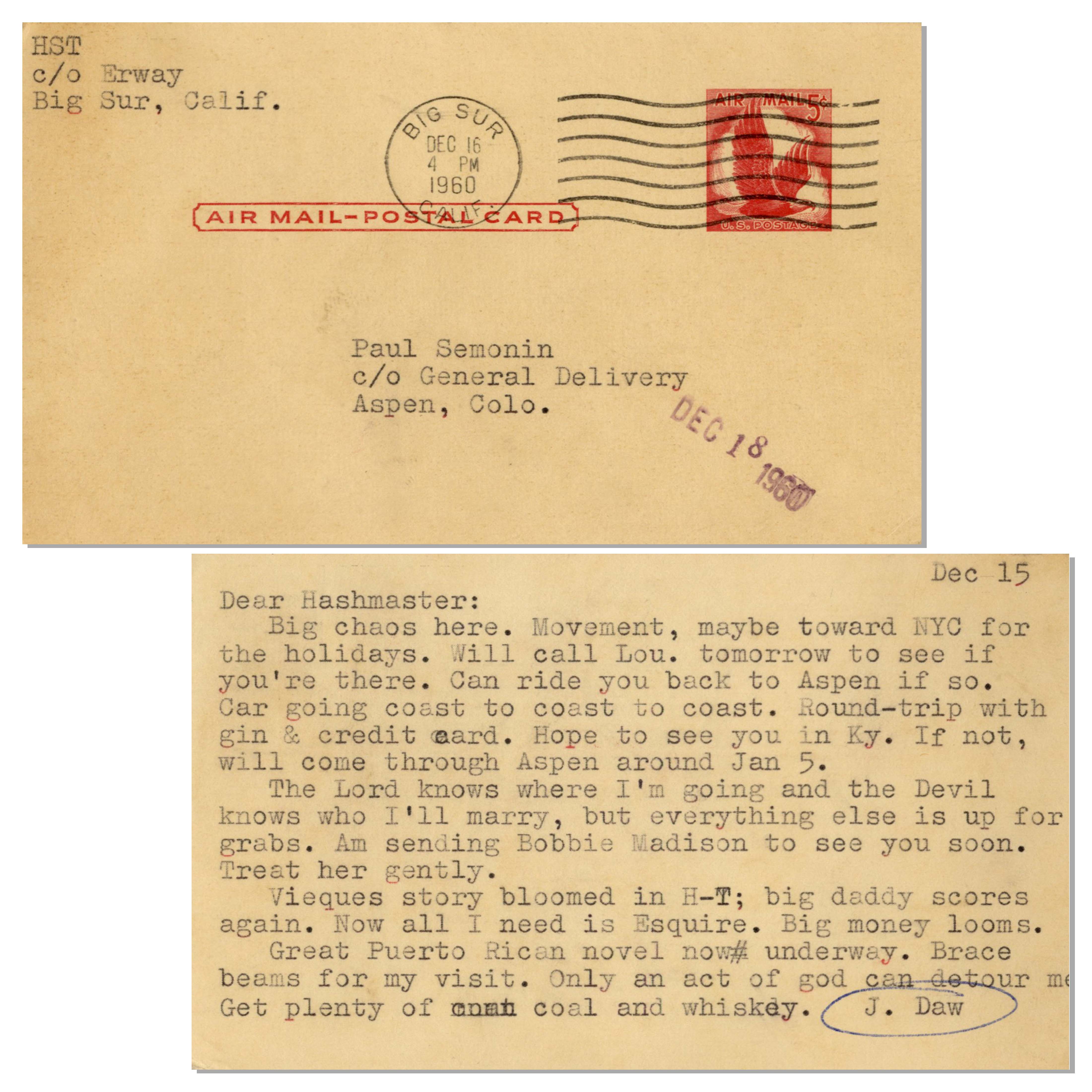 Item Detail Hunter S. Thompson Typed Postcard "…The Lord knows
