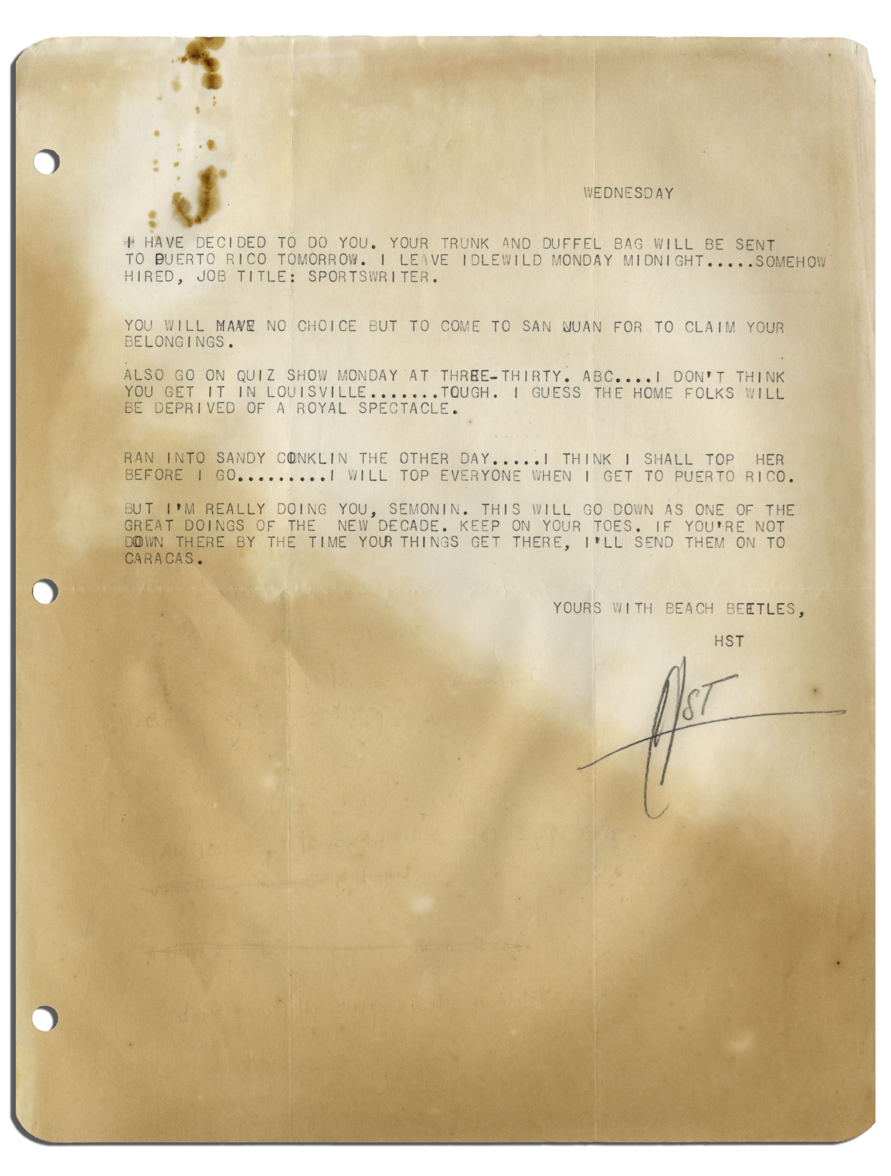 Item Detail Hunter Thompson Letter Signed From 1959, Writing He'll Be