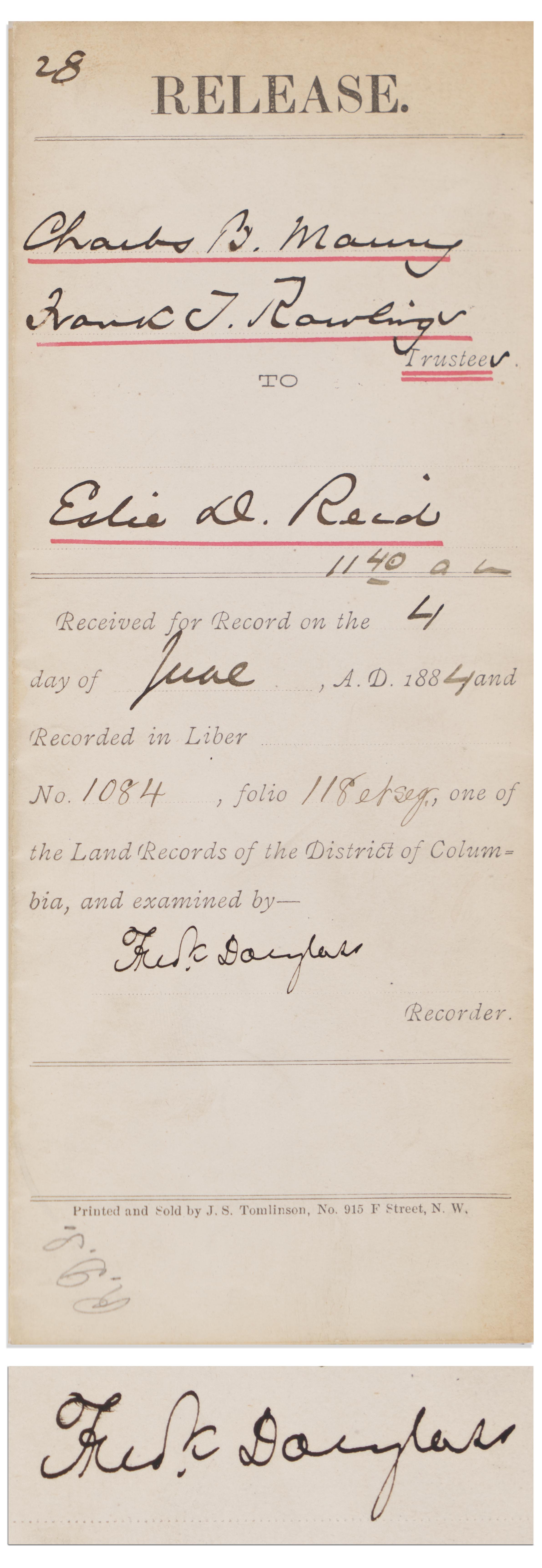 Lot Detail Frederick Douglass Document Signed as Recorder of Deeds