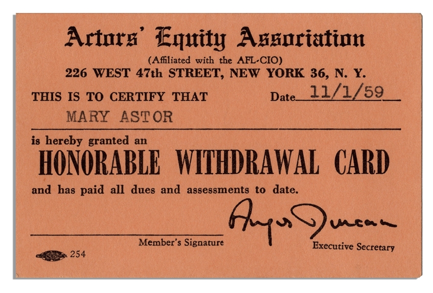 Lot Detail Mary Astor's Union Card, Given to Her Upon Her Retirement