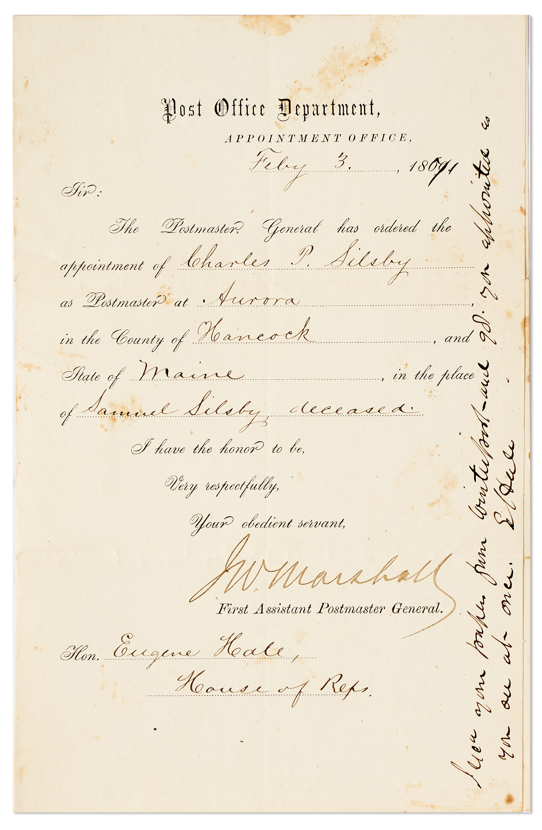 Lot Detail Post Office Appointment Signed by James Marshall, Member