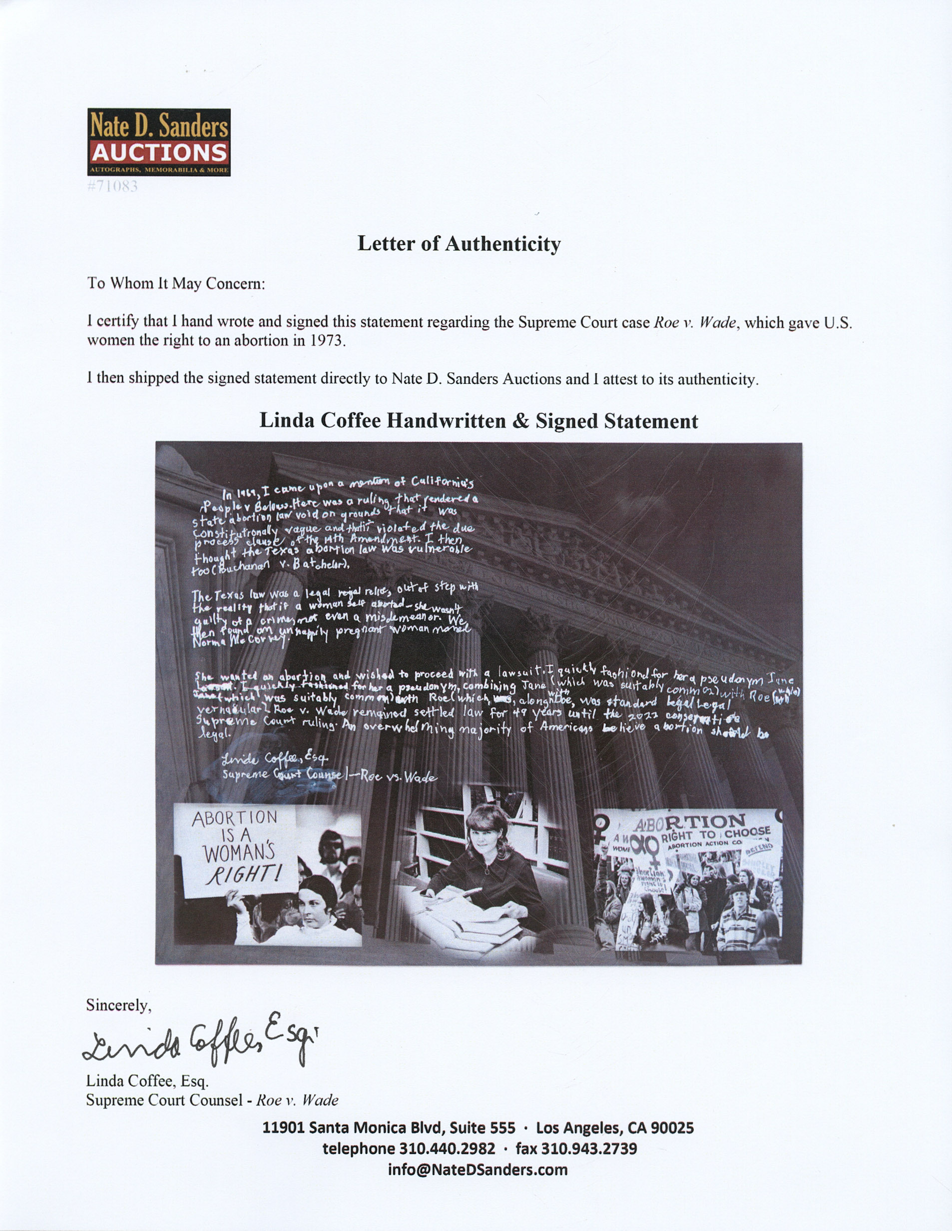 Lot Detail Linda Coffee Handwritten & Signed Statement on a 20'' x 16