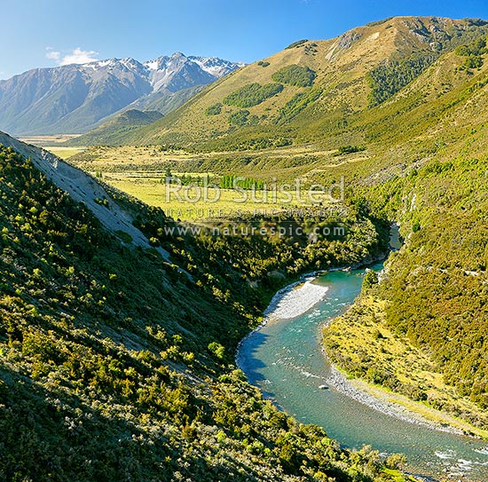 Hurunui River below Lake Sumner. Glynn Wye Range and Mt Longfellow