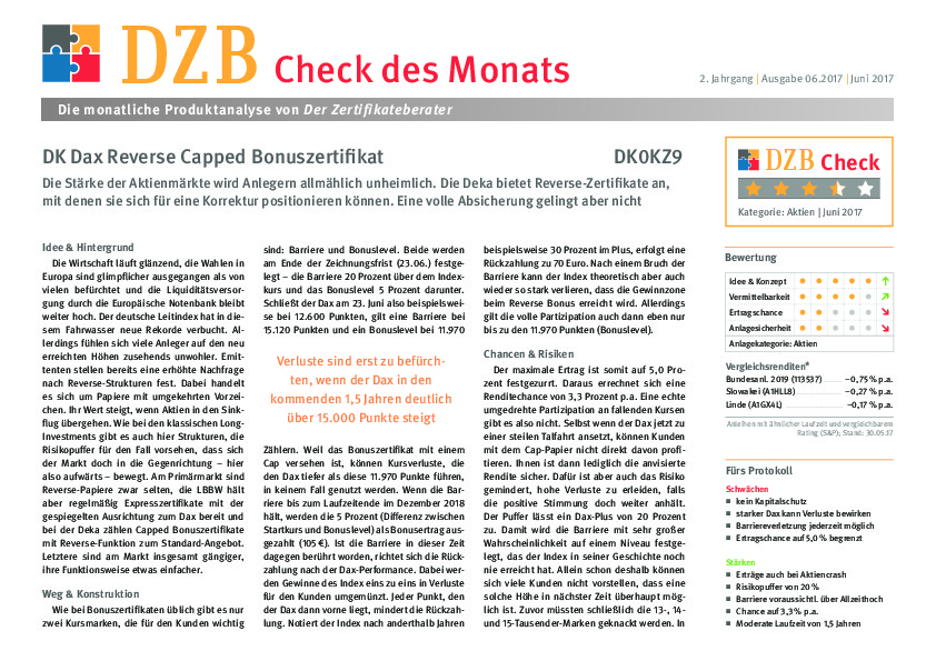 DZB Check des Monats DK Dax Reverse Capped Bonus 31.05.17