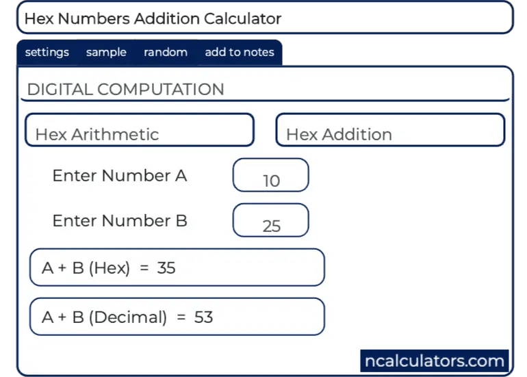 Hex Numbers Addition Calculator