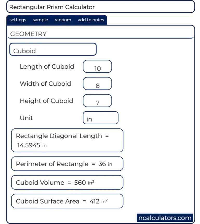 Rectangular Cuboid or Prism Calculator