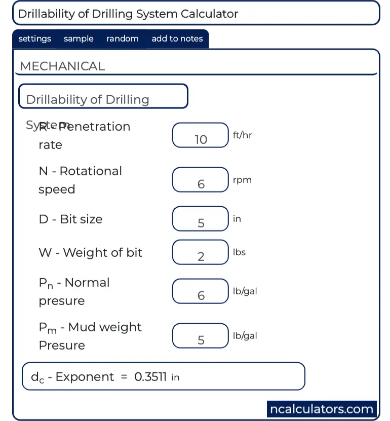 Drillability of Drilling System Calculator