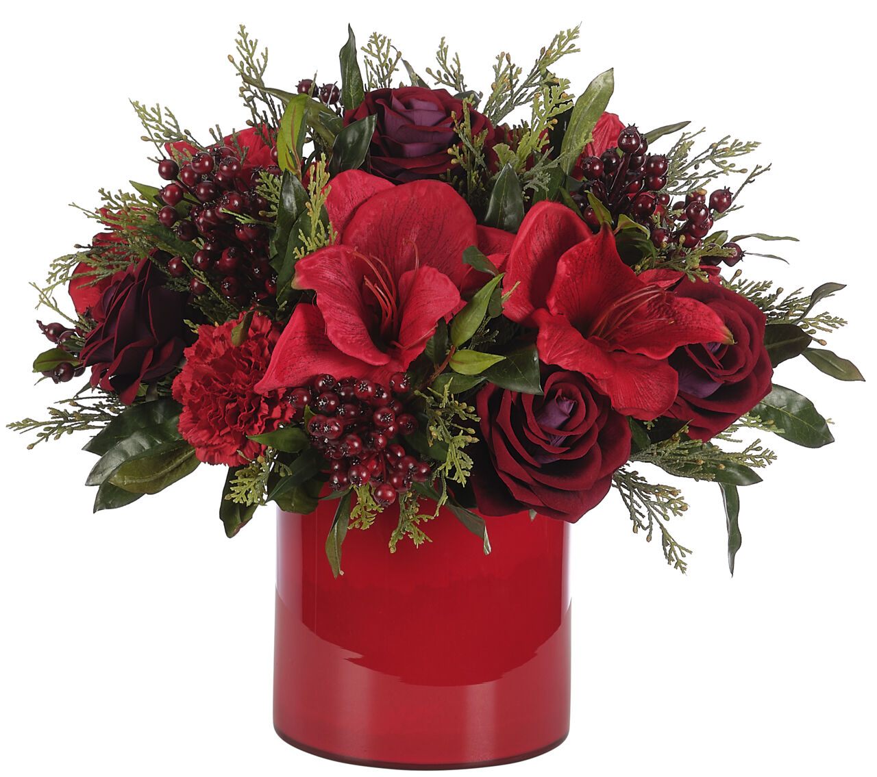 FINAL SALE Amaryllis Rose, Red Burgundy, Glass CylinderFaux Arrangement