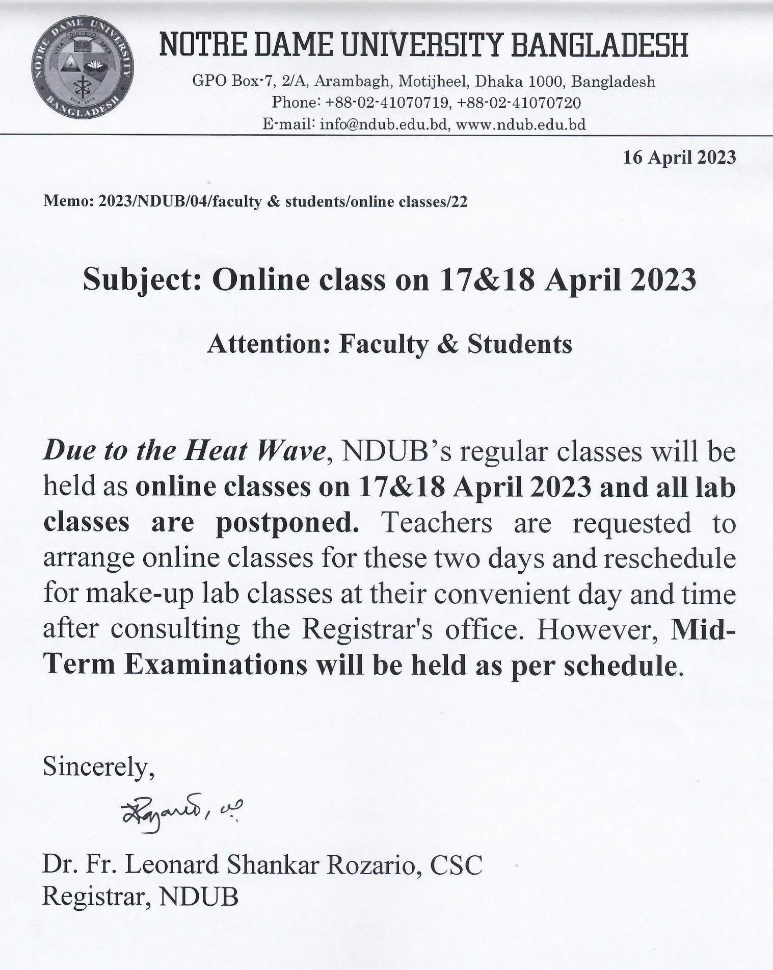 Online class on 17 & 18 April 2023 Notre Dame University Bangladesh