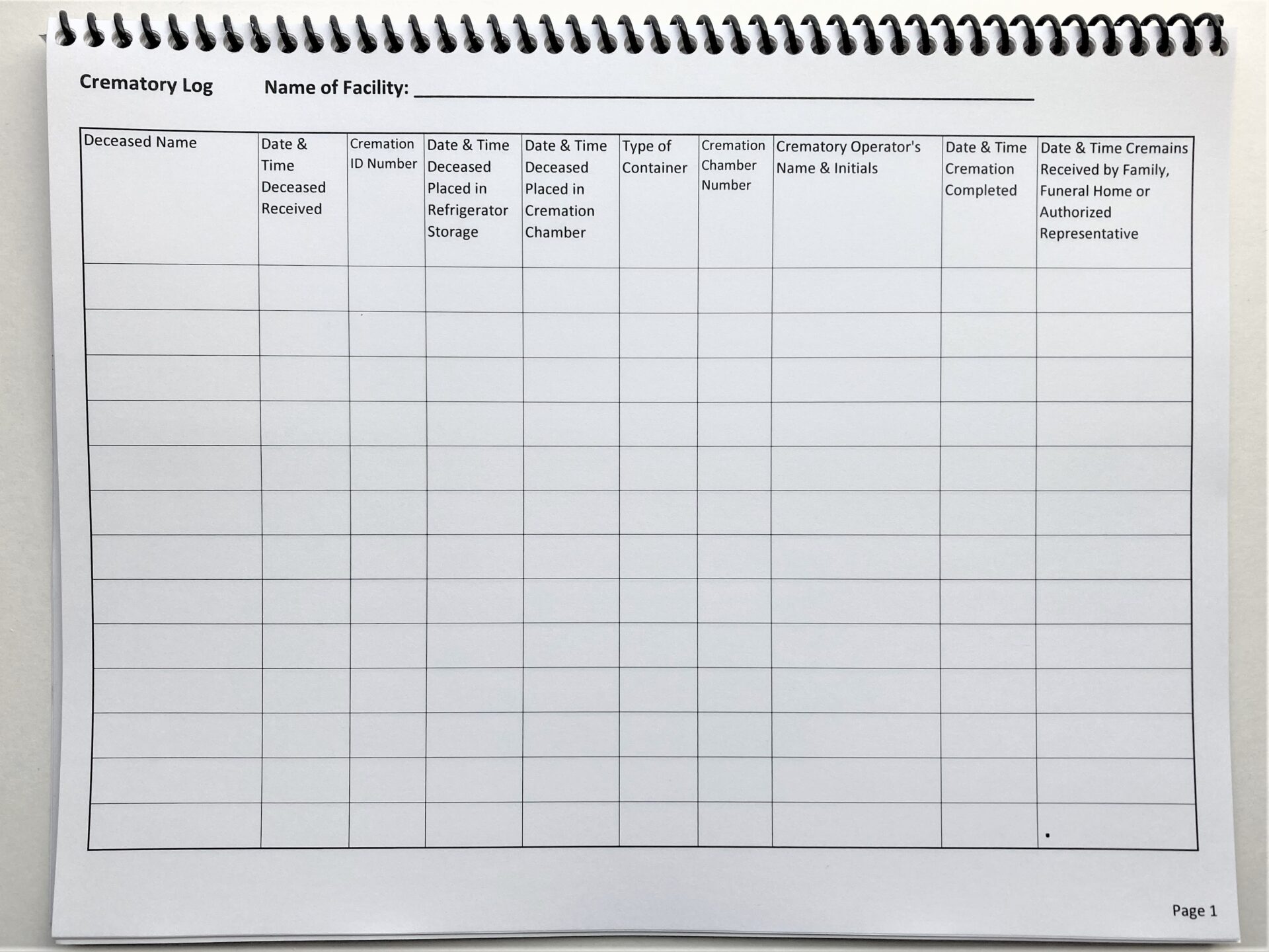 Cremation Logbook New England Cremation Supply