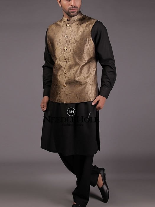 J. Junaid Jamshed men waistcoat in golden jamawar fabric in UK