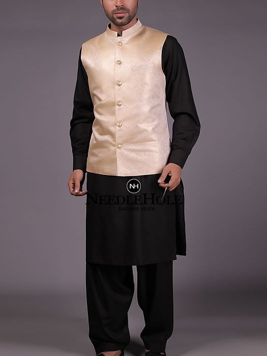 J. Junaid Jamshed jamawar men waistcoat in light cream color