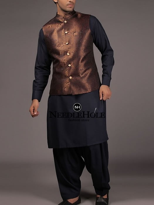 J. Junaid Jamshed men waistcoat in dark brown jamawar