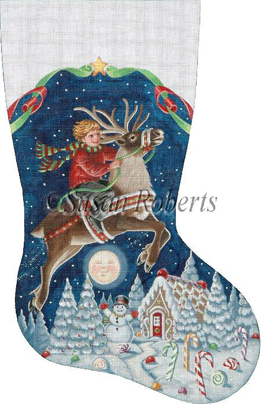 NeedlepointUS Boy on a Reindeer Hand Painted Needlepoint Stocking