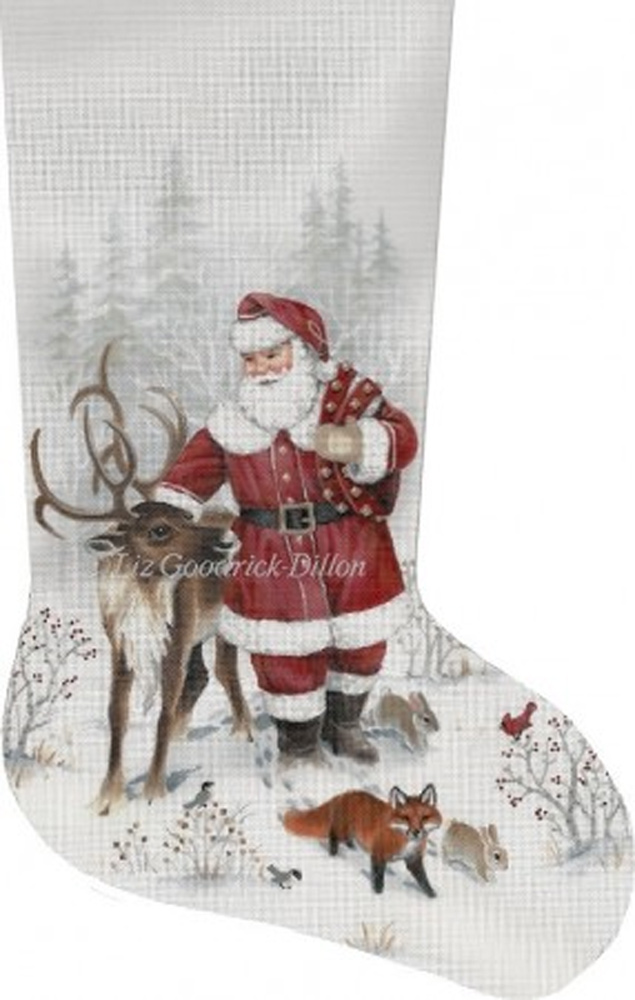 NeedlepointUS Santa & Reindeer Hand Painted Needlepoint Stocking