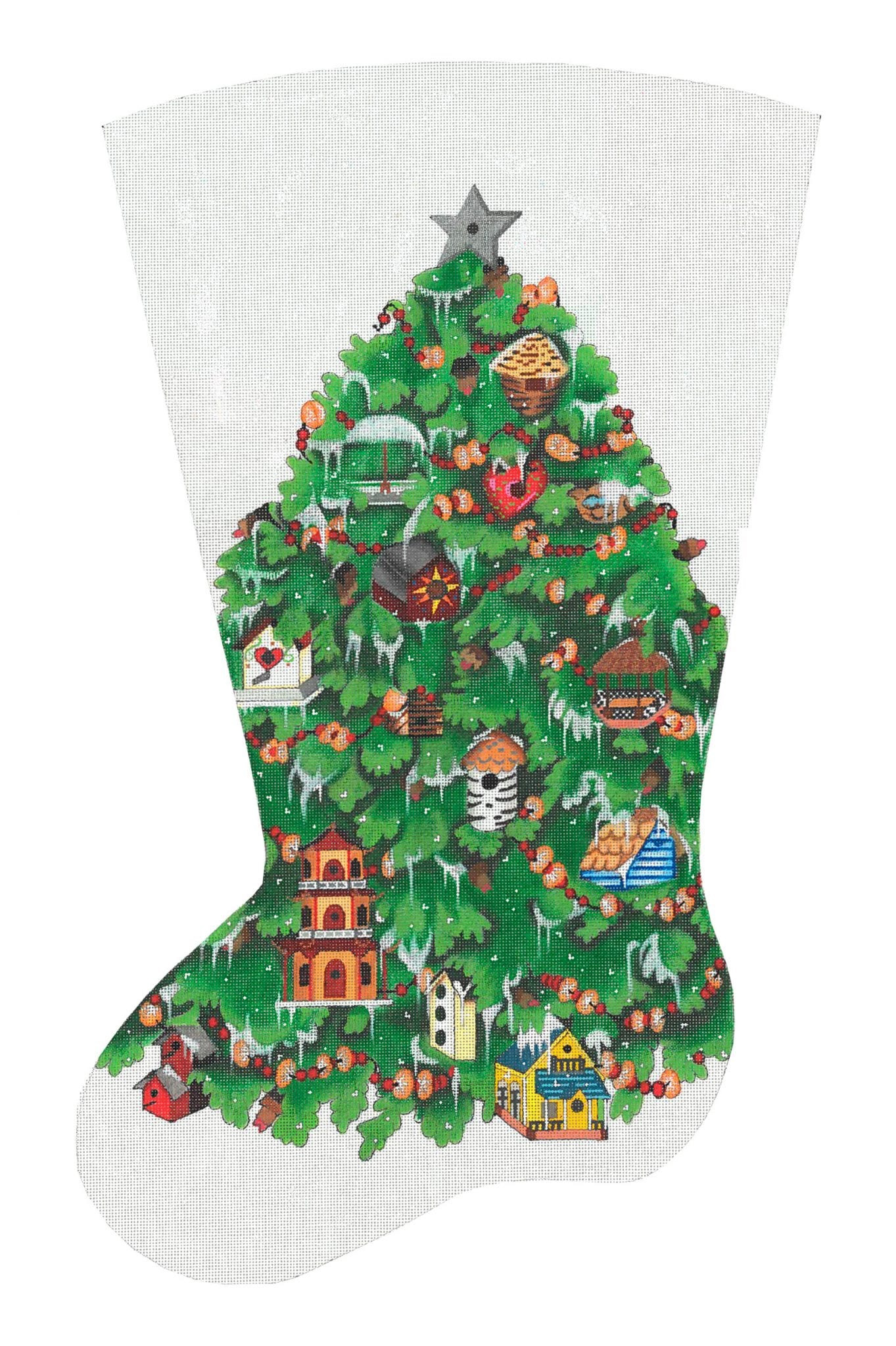 NeedlepointUS Bird Houses Stocking Hand Painted Needlepoint Canvas