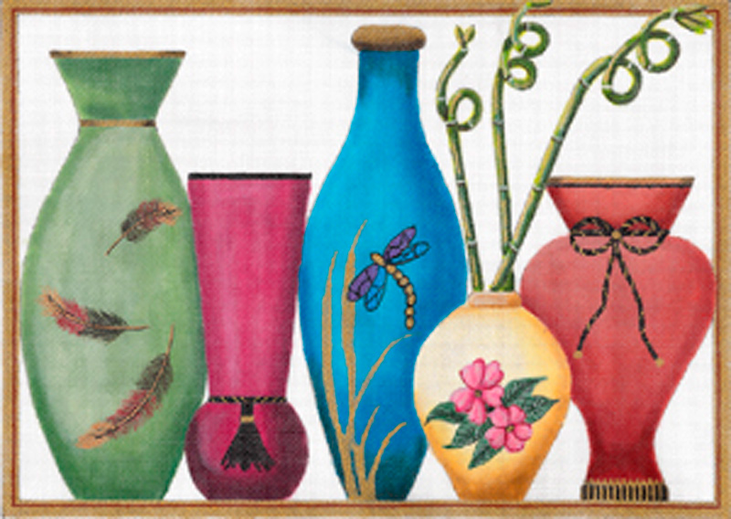 NeedlepointUS Five Vases with Curly Bamboos by Sharon G, Hand Painted