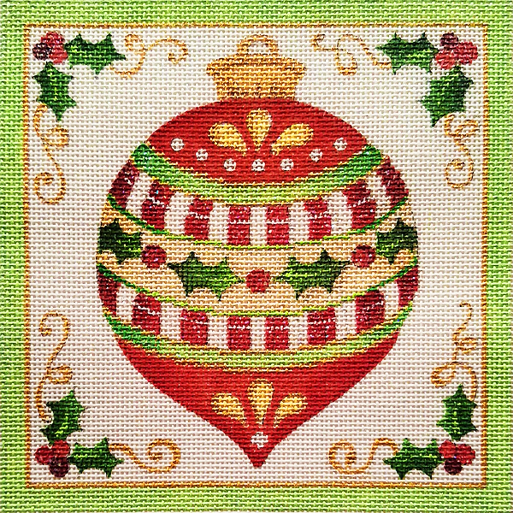 NeedlepointUS Holly and Red Christmas Ornament Hand Painted