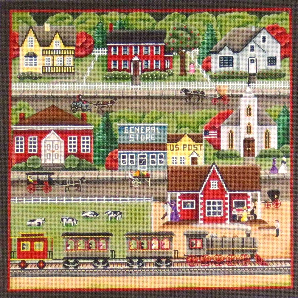 NeedlepointUS Train Station Village Scene Hand Painted Needlepoint