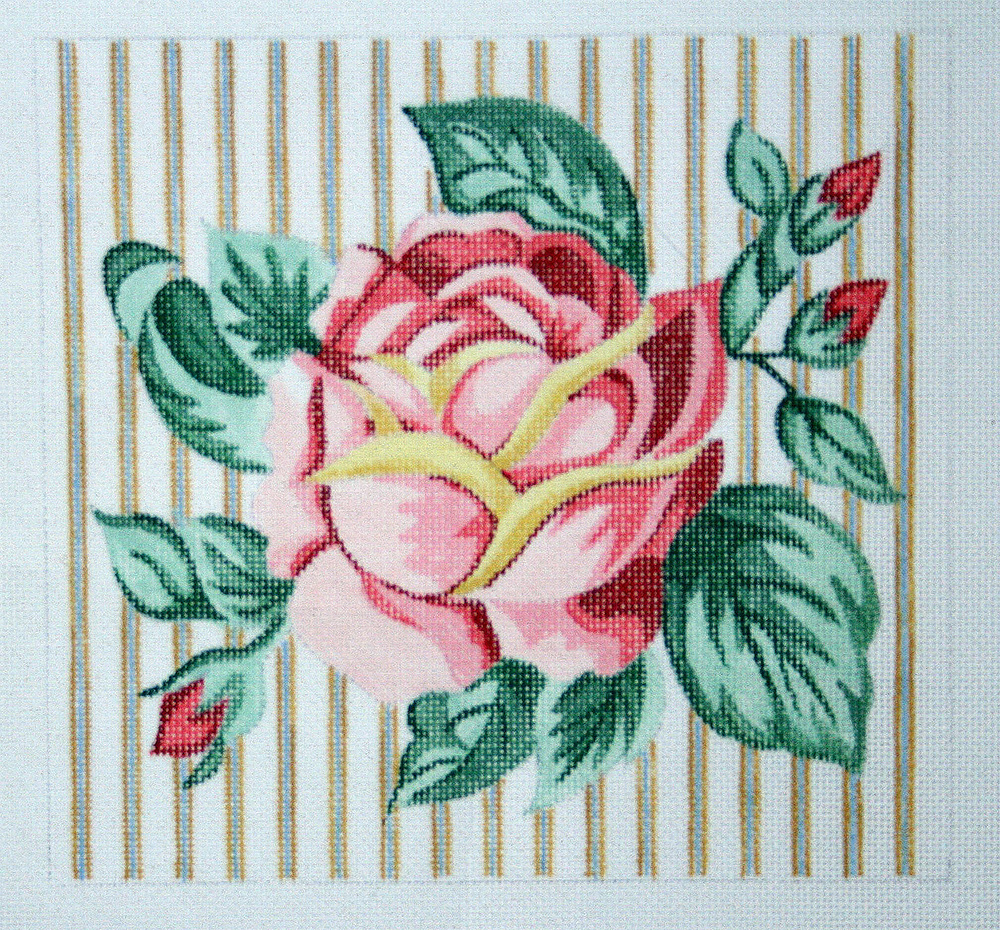 NeedlepointUS Rose on Ticking Hand Painted Needlepoint Pillow Canvas, Hand Painted Canvases, SN132