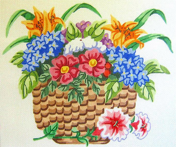 NeedlepointUS Nantucket Flower Basket Hand Painted Needlepoint Cushion