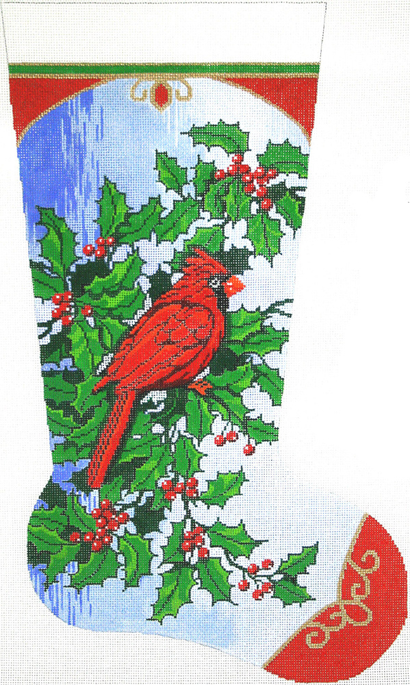 Needlepoint Christmas Stocking Canvas NeedlepointUS Cardinal & Holly Handpainted Christmas Stocking Canvas