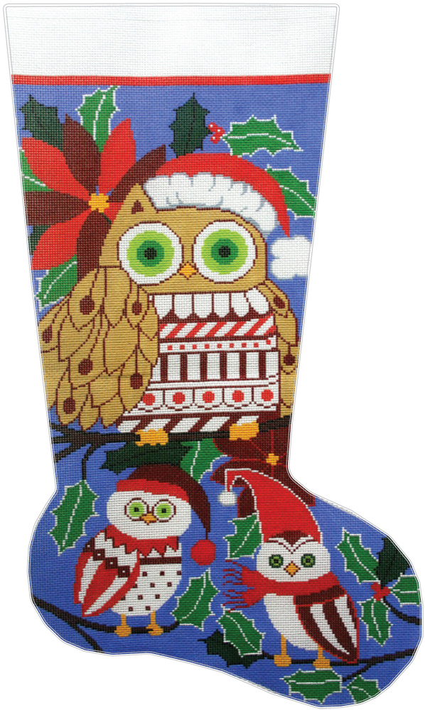 NeedlepointUS Christmas Owls Handpainted Christmas Stocking Canvas