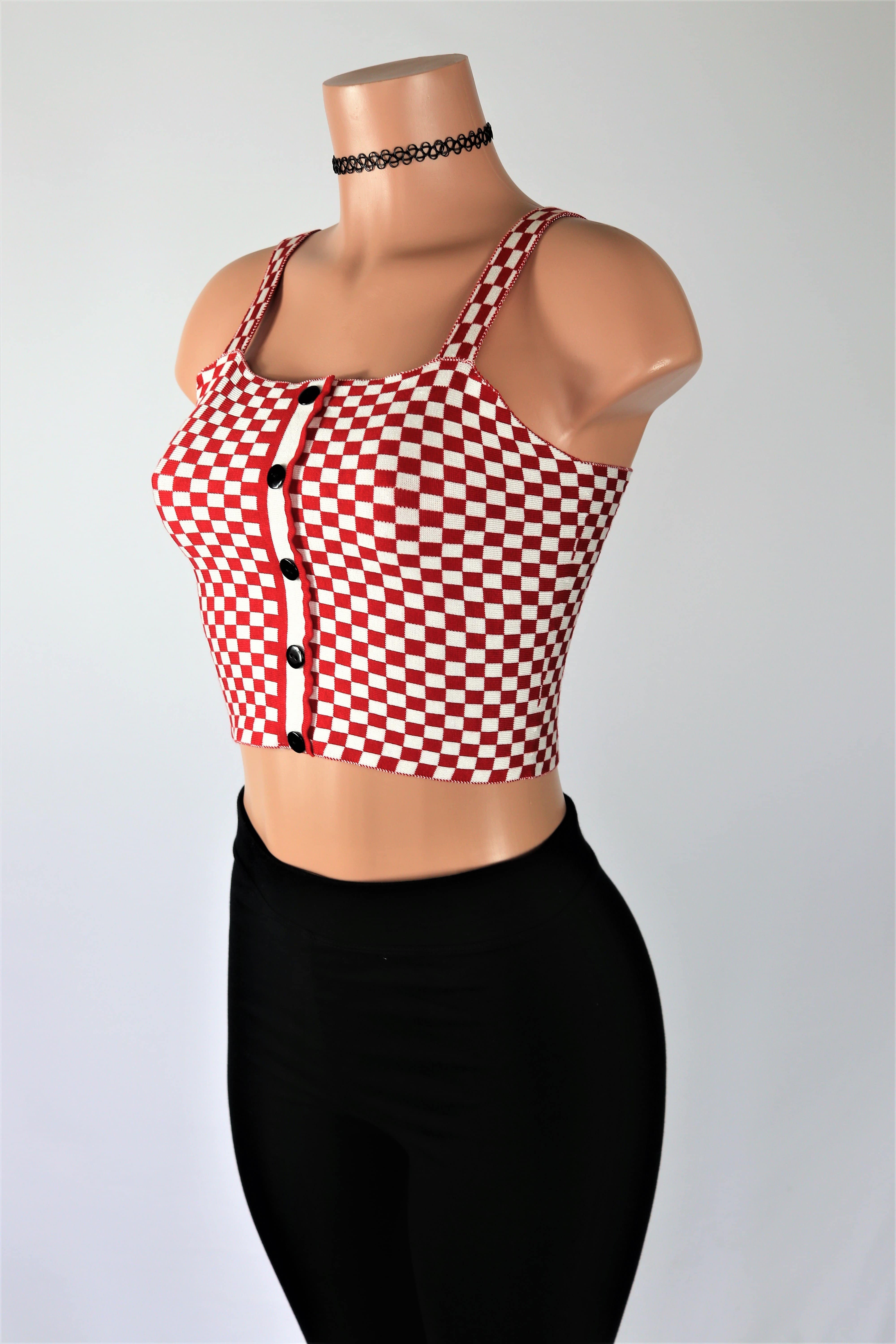 Checker Tank Checkered print plaid fake button tank top crop top.