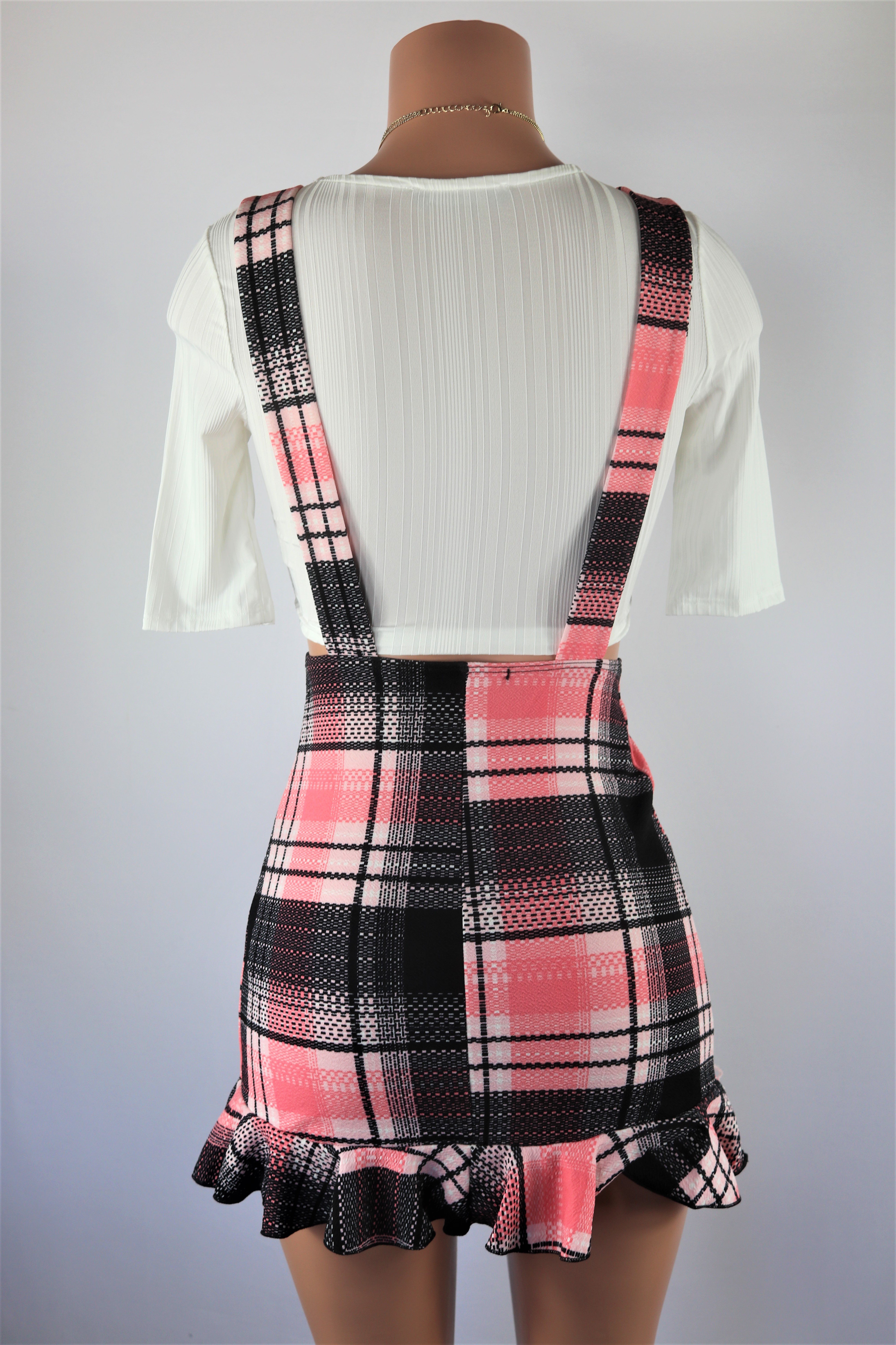 Tonie Plaid Overall Dress Set Pink blue suspender dress white crop top.