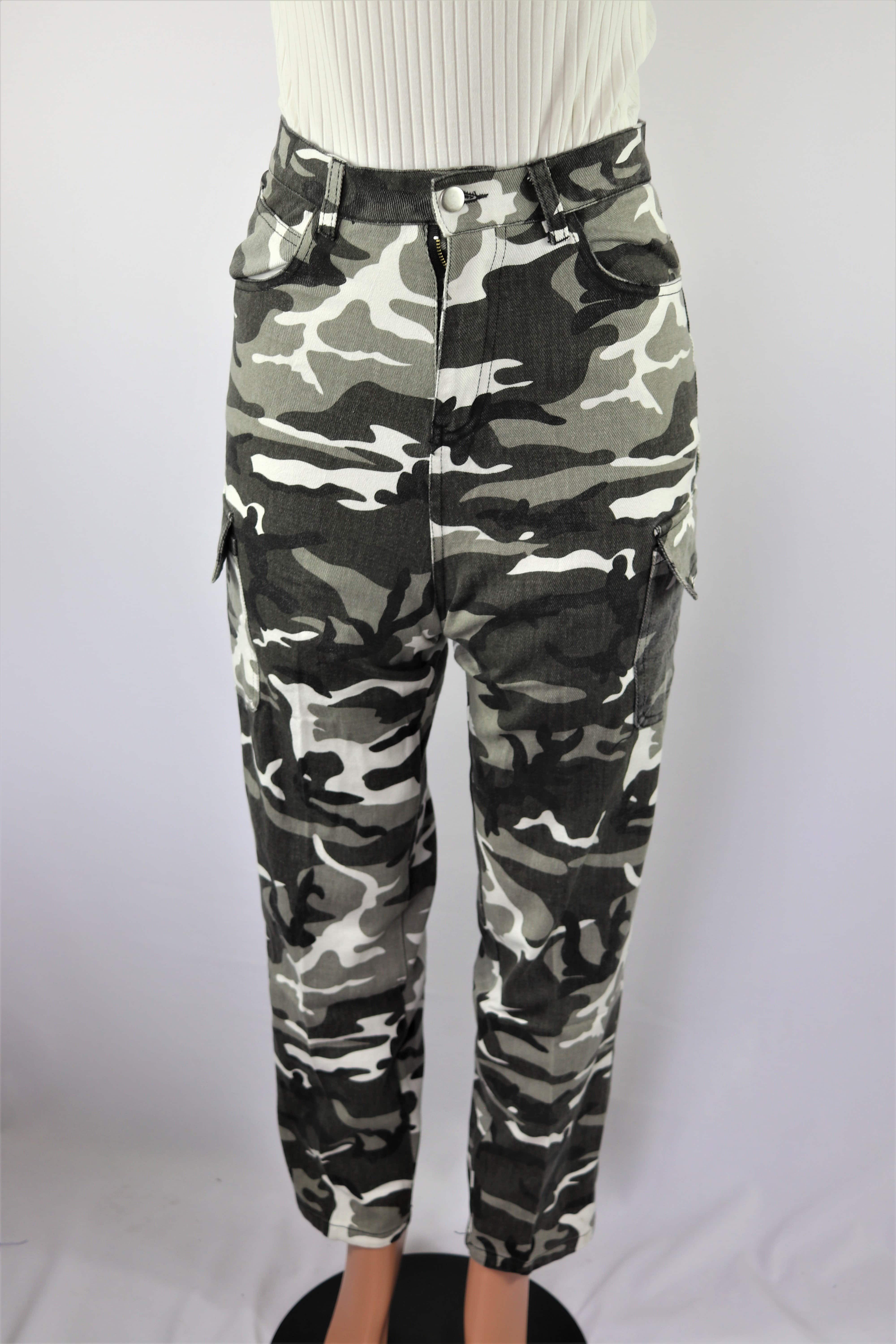 Camo Pants High waisted camouflage black wide leg pants.