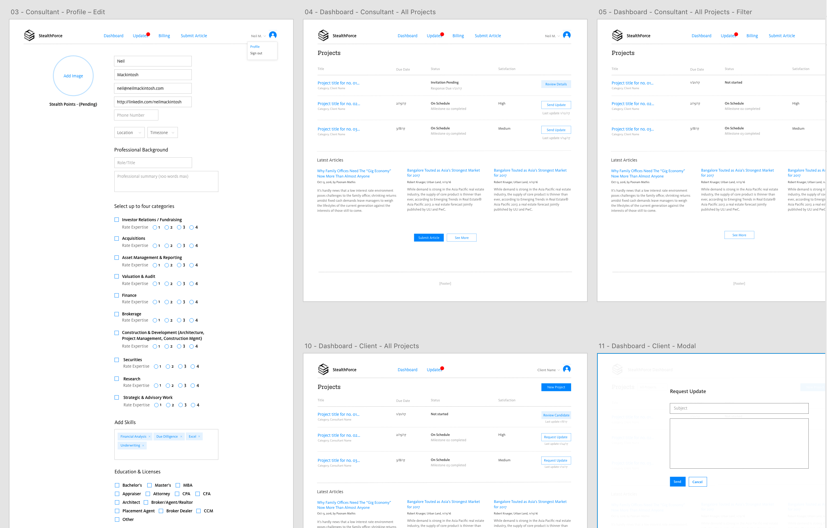 StealthForce wireframes