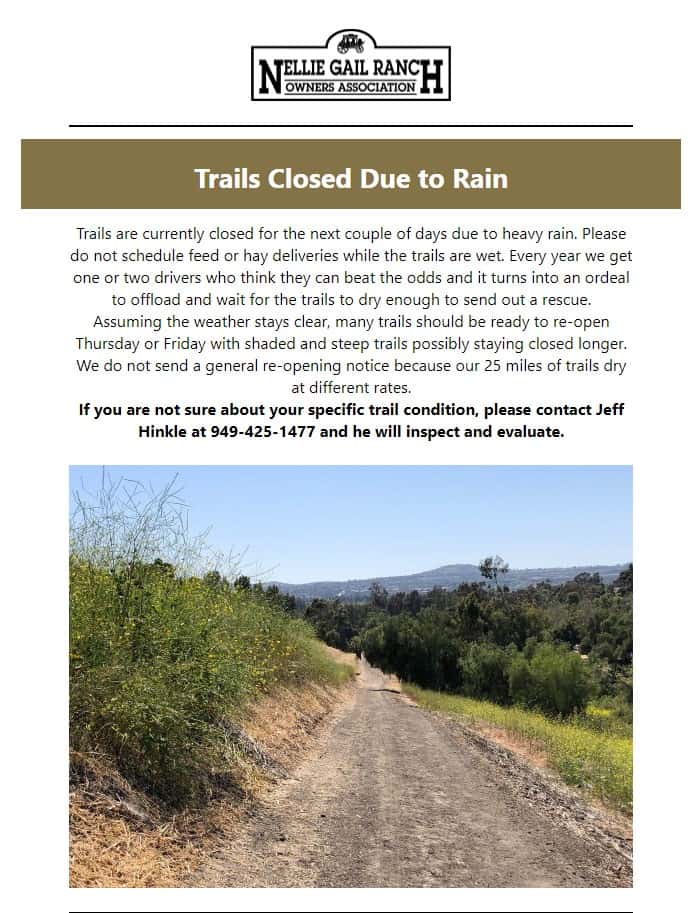 Trail Closed Nellie Gail Ranch Owners Association