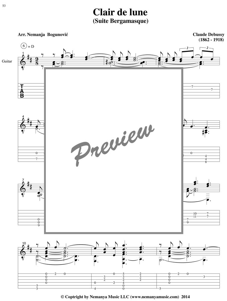 Sheet Music with TAB, Clair de Lune (Debussy), (pdf download)