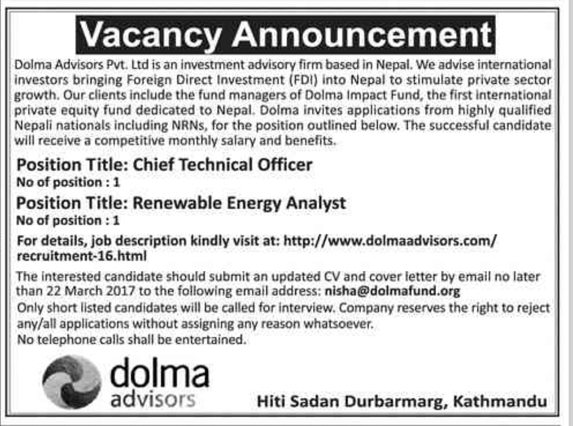 VACANCY ANNOUNCEMENT FOR CHIEF TECHNICAL OFFICER & RENEWABLE ENERGY
