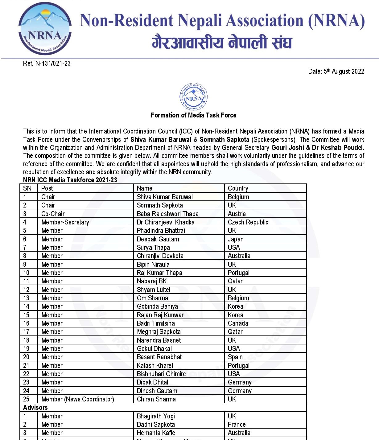 २९ सदस्यिय एनआरएनए मेडिया टास्कफोर्स गठन NepalPlus