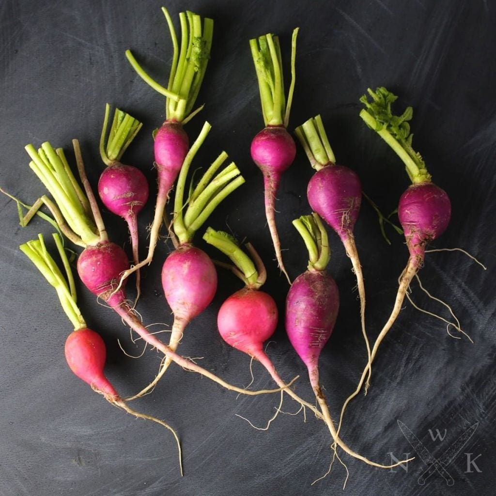 Radishes Drizzled with Sesame Oil and Maldon Salt Nerds with Knives