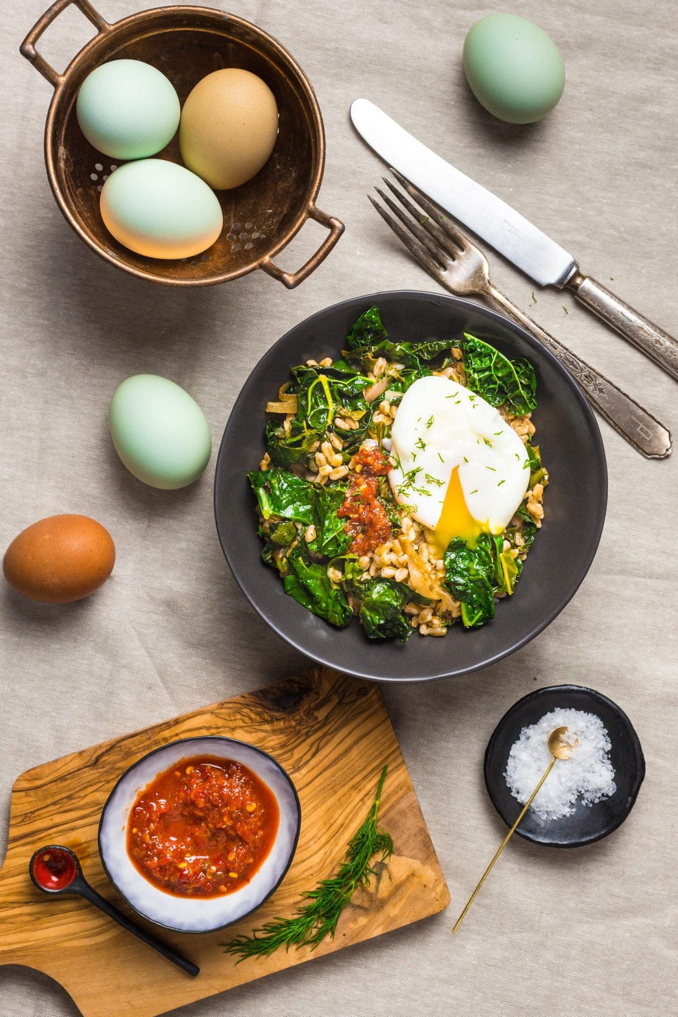 Stir Fried Farro with Garlicky Kale and Poached Egg Nerds with Knives