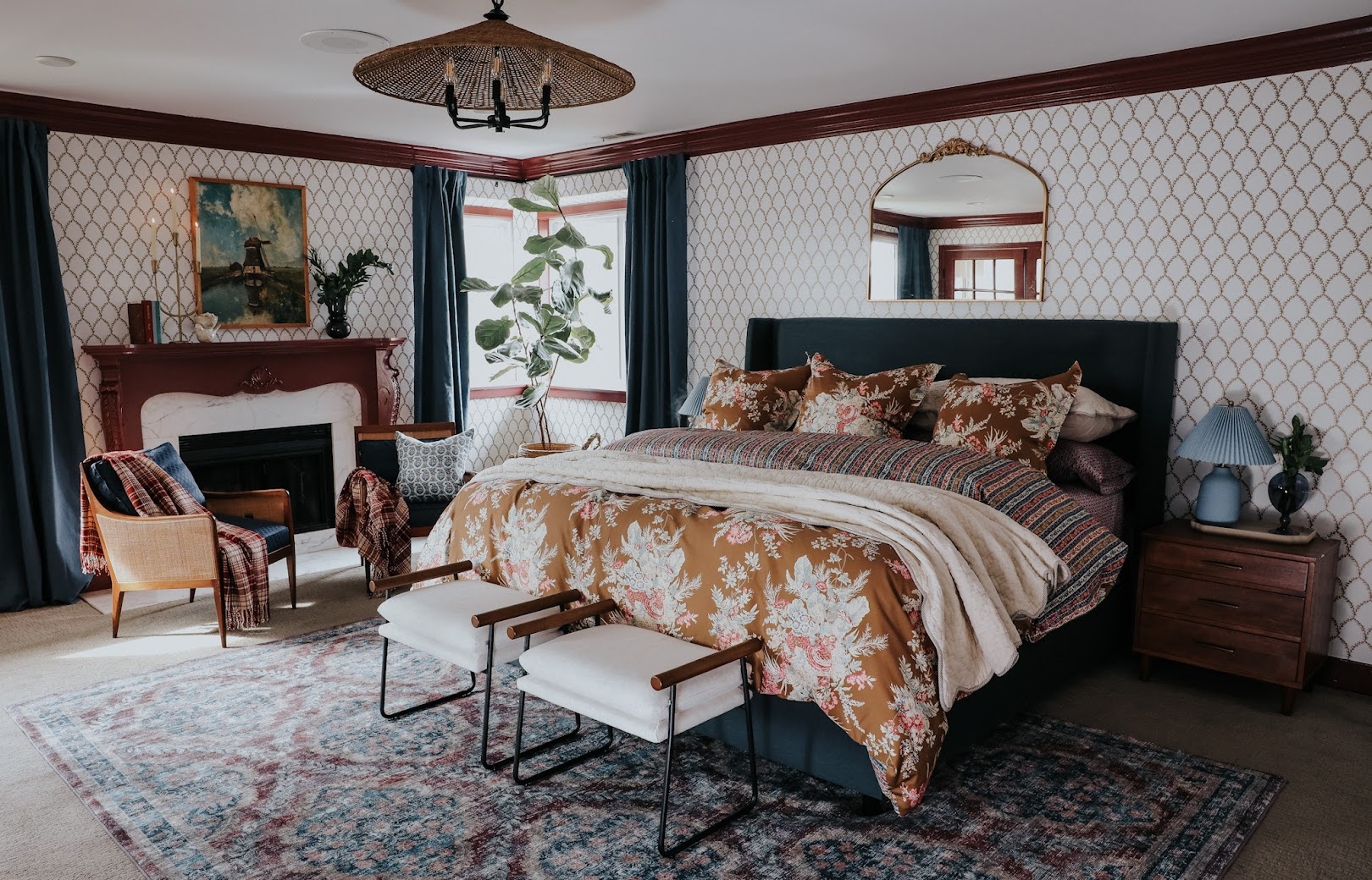 Updated Primary Bedroom with Wallpaper and Red Trim Nesting With Grace