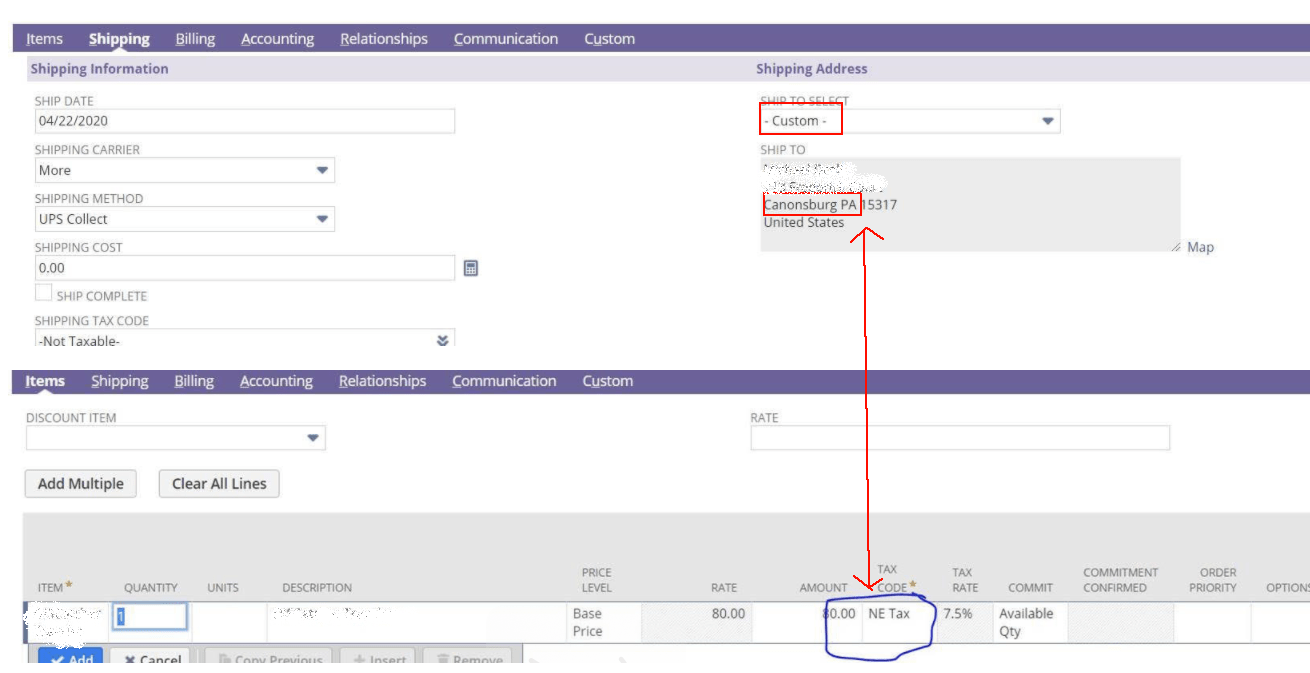 Tax Codes are not updated with correct shipping state when Custom address is used NetSuite