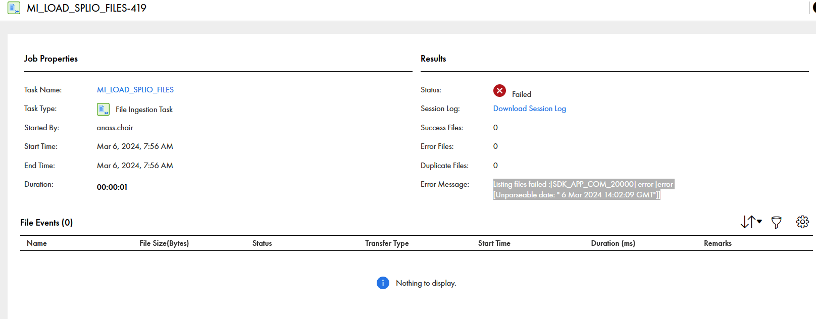 Listing files failed error [error [Unparseable