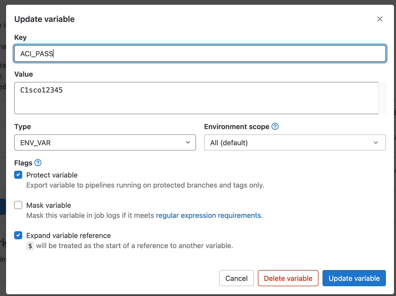 GitLab Variables for Credentials ACI Lab Networking Lab
