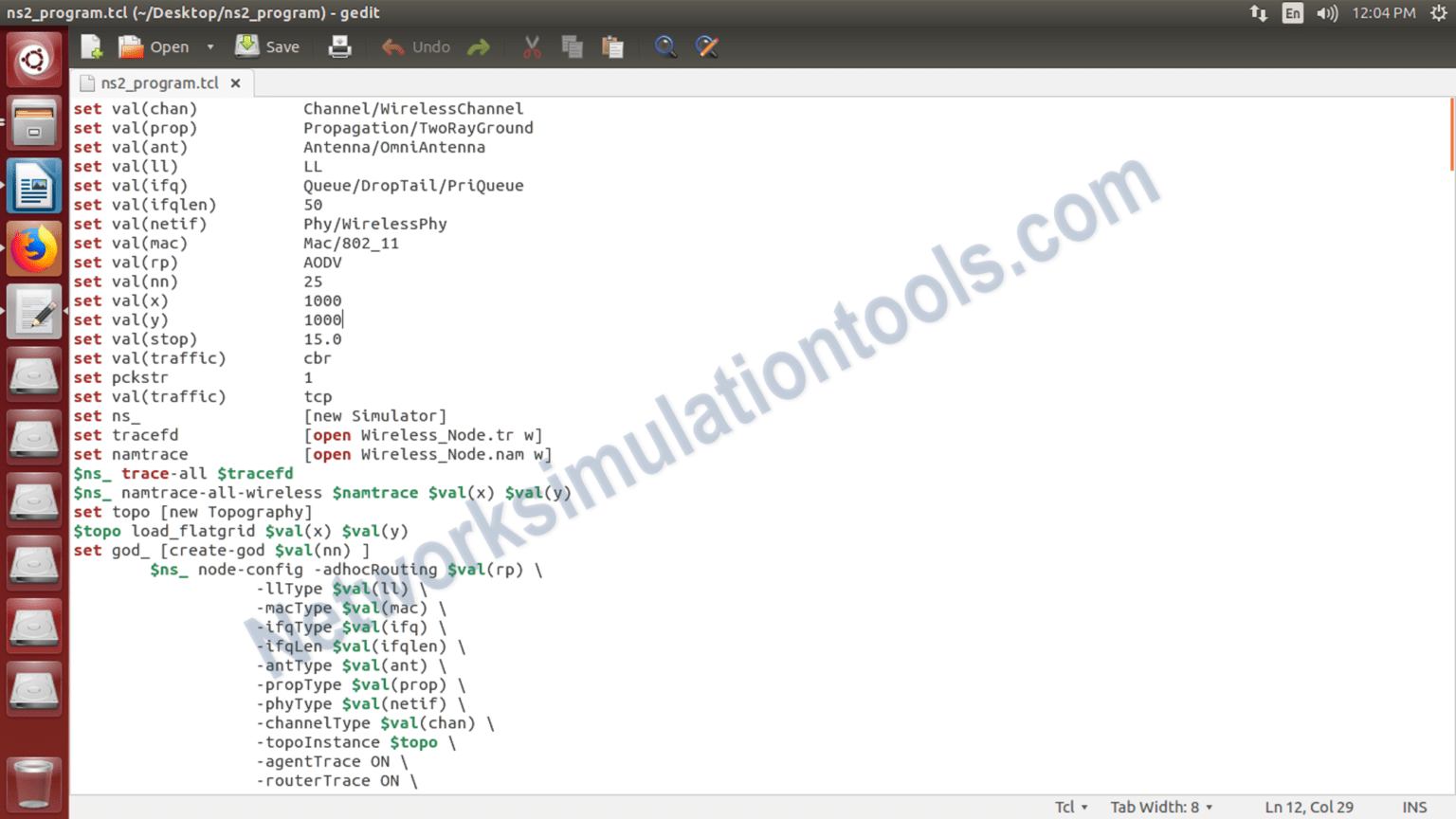 the TCL source code for main file Network Simulation Tools Network